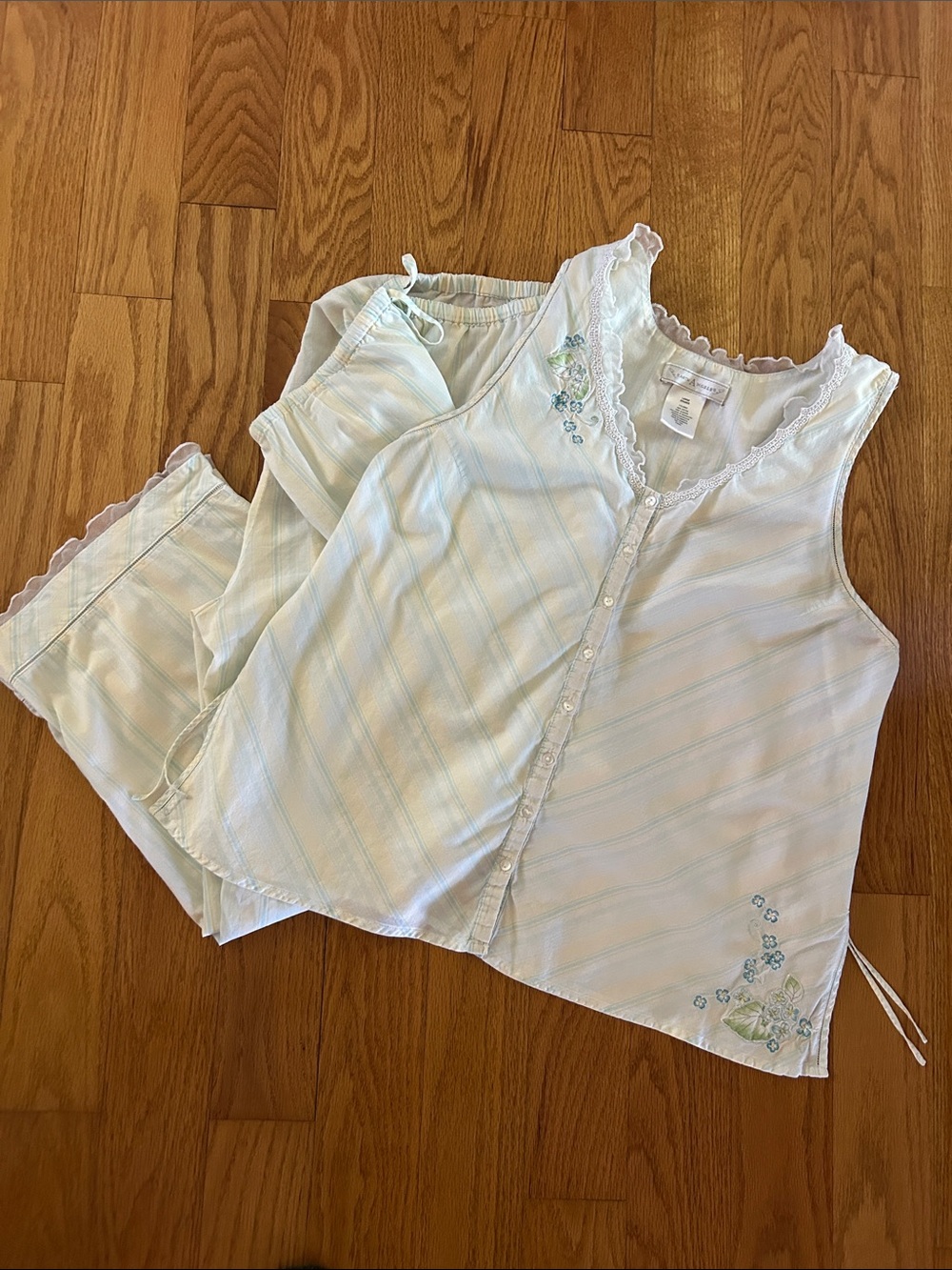 Striped Light Blue Lace-Trim Camisole with Embroidered Detail